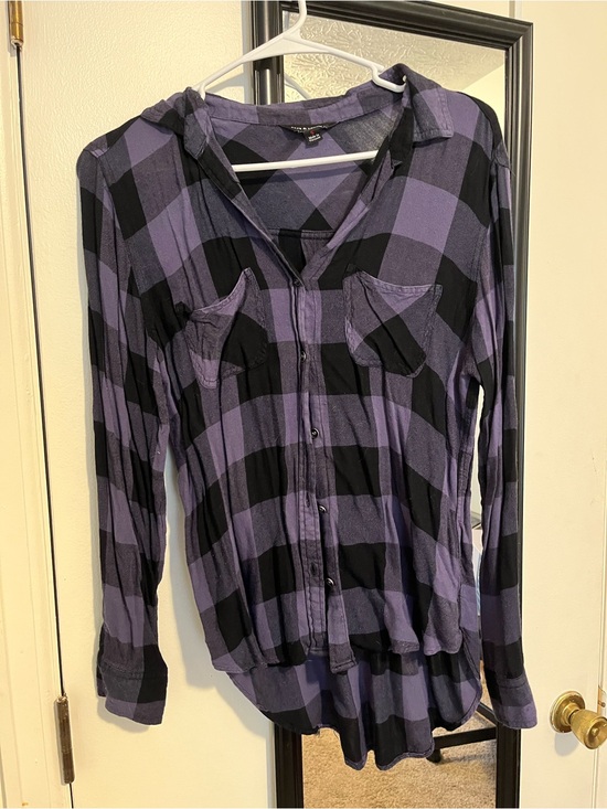 Tops - Purple and Black Plaid Button-Front Hooded Shirt
